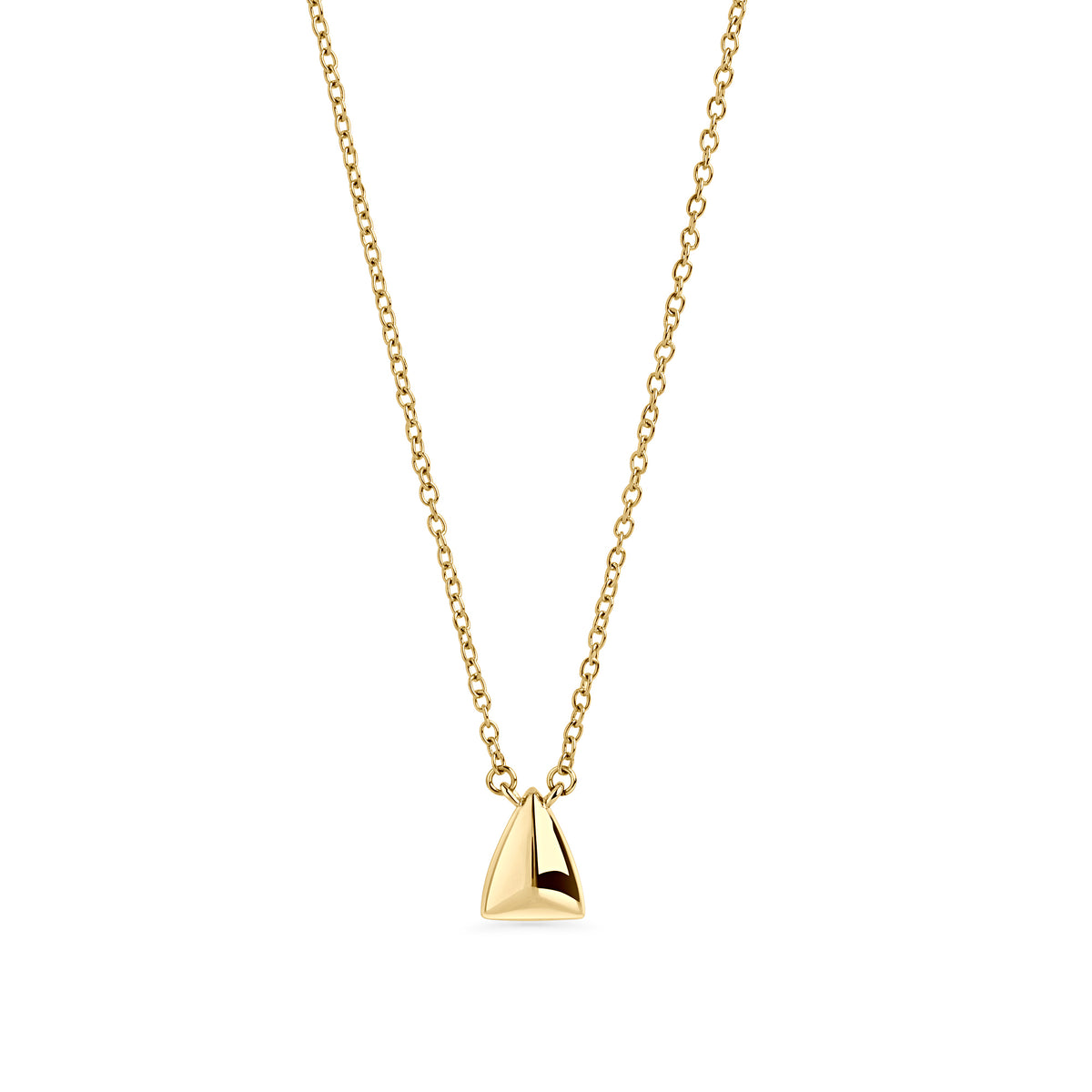 Gold stainless steel geometric pendant necklace with minimalist triangular charm, modern elegant jewelry, hypoallergenic non-tarnish durable everyday necklace, sleek contemporary jewelry design.