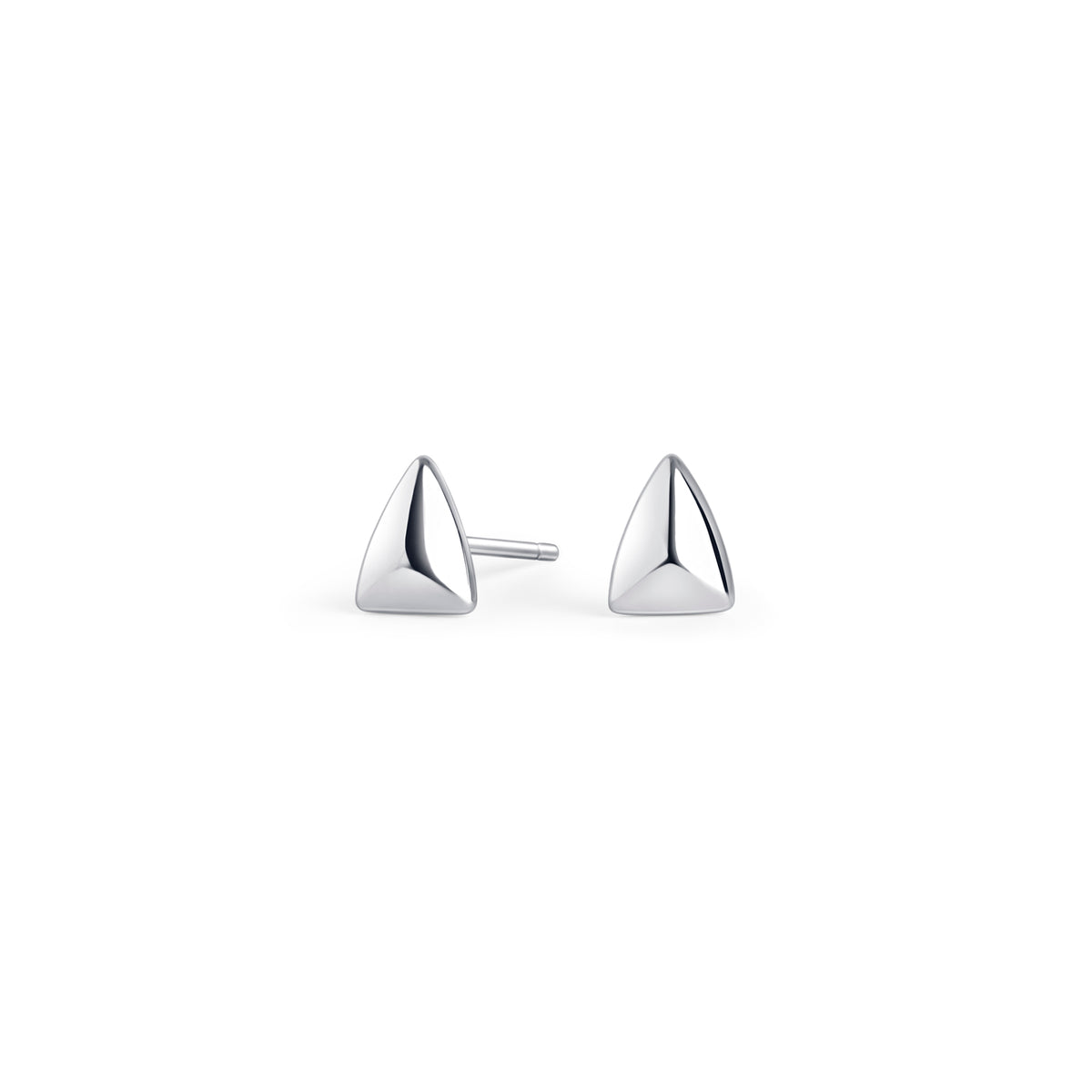 Silver stainless steel geometric stud earrings with triangular design, minimalist modern jewelry, hypoallergenic non-tarnish durable earrings, sleek everyday fashion jewelry.

